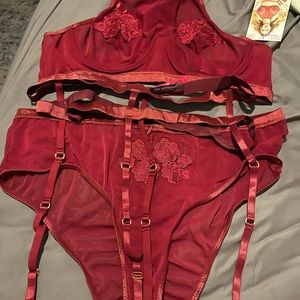 Another rich red burgundy lingerie set including garter belt.